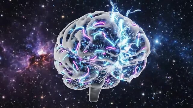 Futuristic Human Brain Illustration Against a Cosmic Galaxy Background - Represents Artificial Intelligence Innovation and the Interconnectedness of Mind and Universe