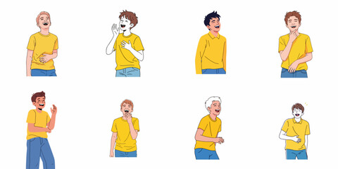Set of eight cartoon illustrations depicting young men or boys expressing genuine laughter, happiness, and joy with various enthusiastic expressions and poses.