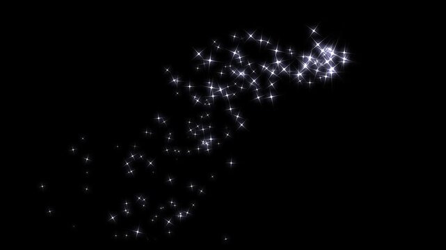 Luxury magic glitter sparkle stars trail, white shining particles, fairy dust path line, twinkling star motion background, shining star line effect, smooth seamless loop on black screen. 4k