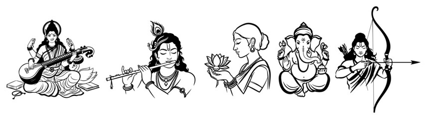 Set of Hindu gods and goddesses illustrations in vintage black ink style