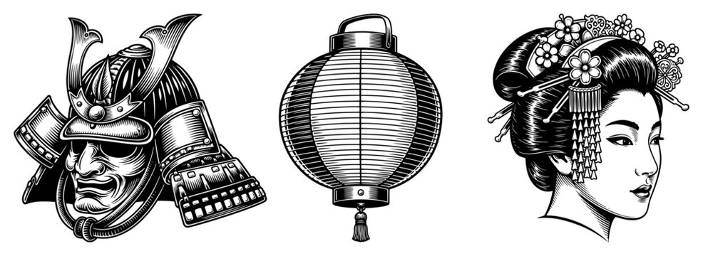Traditional japanese culture symbols featuring samurai helmet geisha portrait and lantern