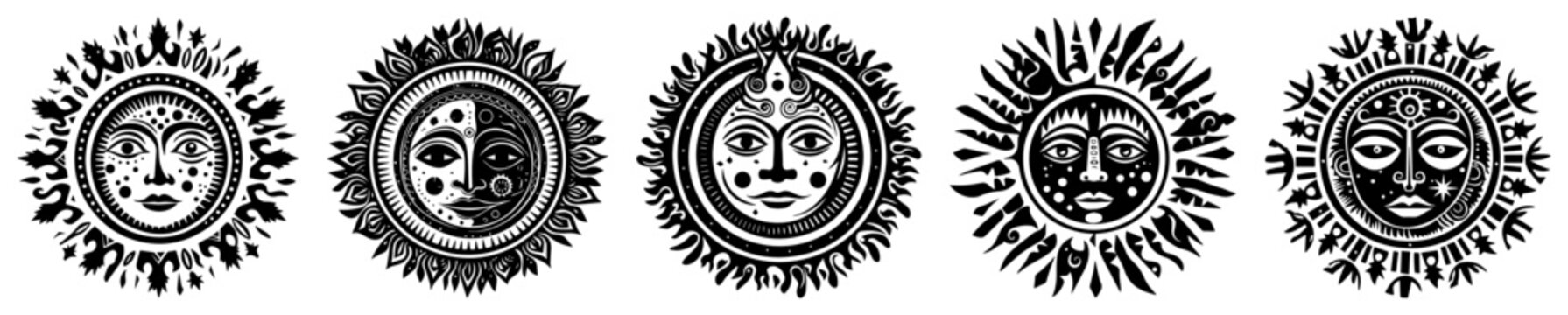 Stylized celestial sun faces with ethnic and tarot design elements