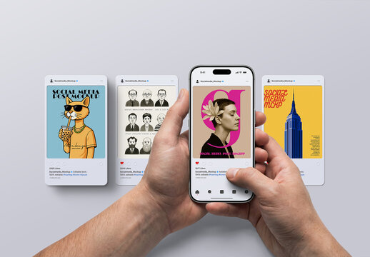 Social Media Post Mockup Set, Hands Holding Smartphone 17 (4 Objects)