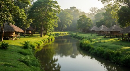 Fototapeta premium 輝く朝日に照らされ深く茂る熱帯の森の中を穏やかに蛇行する川その岸辺にひっそり佇む茅葺き屋根のバンガローが静寂を彩る美しい風景. AI Generated