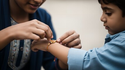 A woman gently ties a traditional bracelet on a young boy's wrist in a tender moment