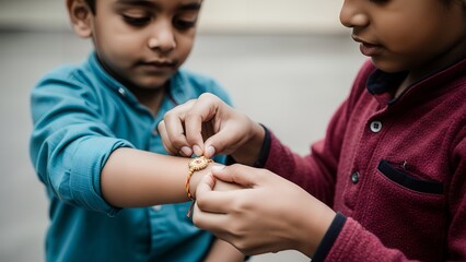 Two young boys interact closely as one ties a bracelet around the other's wrist in an outdoor setting.