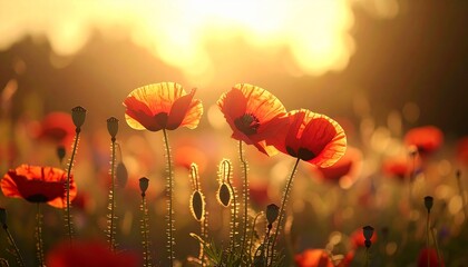 Obraz premium Poppy flowers in low light,_soft shadows and still air,_a feeling of time slowing dow