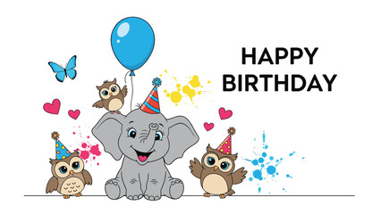 Obraz premium Happy birthday greeting card featuring a cute elephant with a party hat and three little owls celebrating with a blue balloon.
