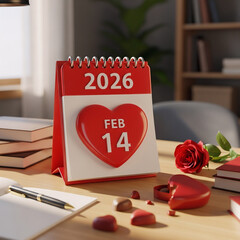 Romantic 3D Rendered Valentine's Day Desktop Calendar with Heart Shaped Chocolate