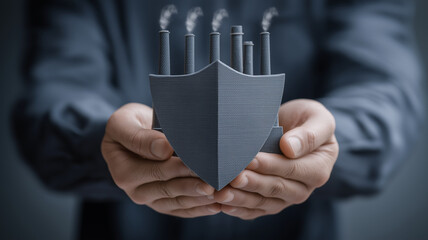 A man holds a protective shield a factory. Risk management, insurance, and regulatory compliance in protecting industrial enterprises from economic, legal, or environmental threats. 
