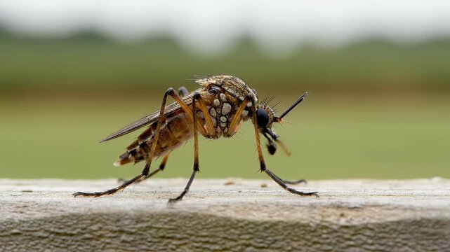 Close-up Macro Shot of a Mosquito Insect Resting on a Wooden Surface.