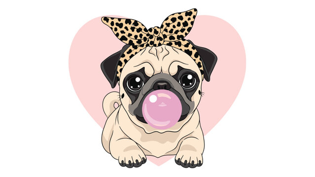 Cute pug puppy dog wearing a leopard print bow headband blowing a large pink bubble gum bubble against a pink heart background.