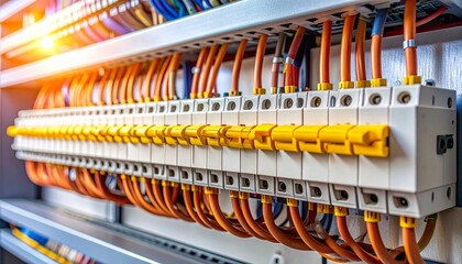 Organized electrical panel with orange wires and yellow circuit breakers in metal enclosure