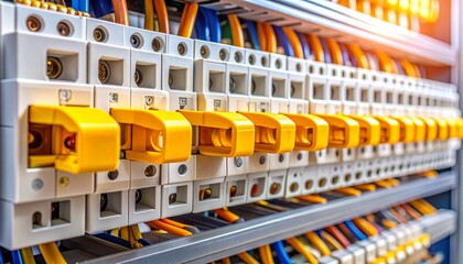 Organized electrical panel with orange wires and yellow circuit breakers in metal enclosure