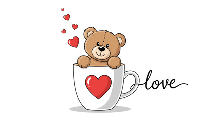 Obraz premium Lovable brown teddy bear peeks out from a white coffee mug decorated with a red heart and the word love in script.