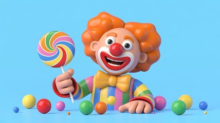 Naklejka premium A cheerful cartoon clown character holds a colorful lollipop against a light blue background.