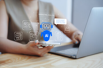 Businesswoman using smartphone with virtual AI chatbot and marketing analysis icons. Concept of artificial intelligence assisting digital marketing strategy, automation, and data analytics.