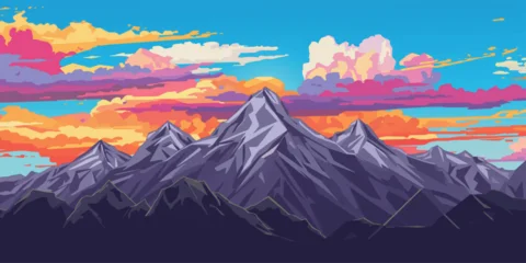 Fotobehang Lavendel A scenic winter panorama of the snow-capped mountain peaks at sunset features a high alpine landscape under a glowing sky with soft clouds and ice-covered rocks  © sabia