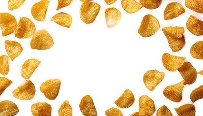 A vibrant display of potato chips scattered on a transparent background