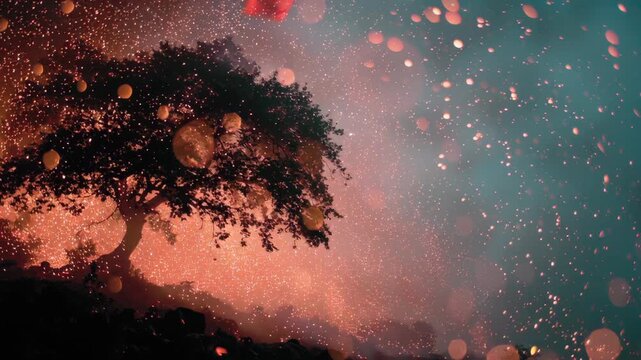 A striking silhouette of a tree stands against a luminous, colorful bokeh-filled night sky. the captivating blend of deep blues and warm hues creates a magical, otherworldly atmosphere, perfect for na