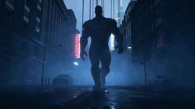 4K cinematic video, invisible humanoid puppet controlled unseen strings, strings appear ripple thick fog, shadowy giant puppet outline moving abandoned city square, wet asphalt reflecting neon lights