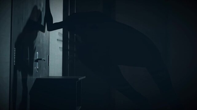 A human shadow detaches body elongates, twists crawls along walls liquid darkness. Interacts objects impossibly slipping doors wrapping furniture Dimly lit room, cinematic lighting suspenseful surreal