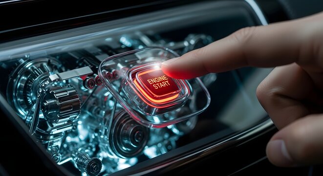 A human finger presses a glowing red "Engine Start" button on a transparent display, revealing a detailed, illuminated car engine beneath, symbolizing automotive innovation and power