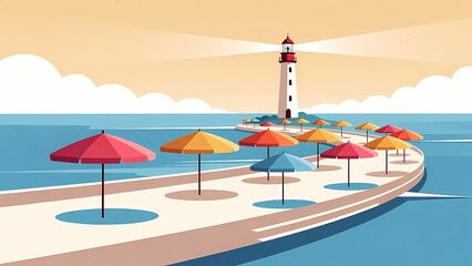 Sunny beach scene with a lighthouse and colorful umbrellas along a curved pier in a bright vector illustration