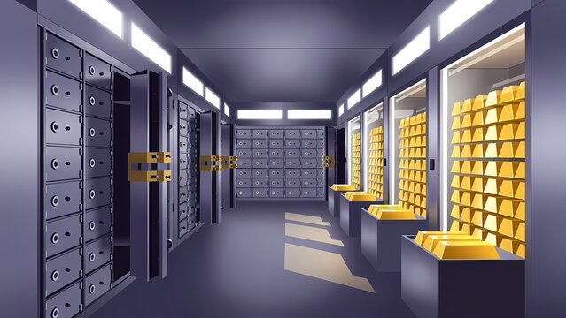Cinematic 3D render of a vault room filled with safes and gold bars, secure storage facility interior