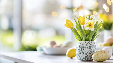 Yellow tulip white daffodil ceramic vase pastel Easter egg spring table soft light festive home decor cheerful holiday © Thanakit 