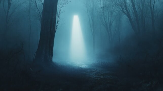 Mysterious forest path illuminated by a beam of light