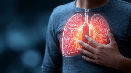 person Holding Chest with Highlighted Lungs Illustration, Respiratory System Pain and Breathing Problem Concept, Lung Disease Symptoms, Coughing, Chest Pain, Medical Health Awareness,
