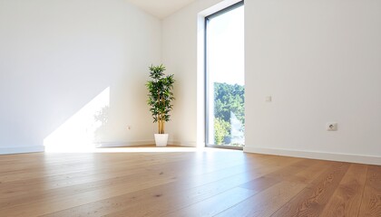 Obraz premium Minimalist Interior with Bamboo Plant, Wooden Floor, and Large Window