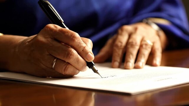 Close-up of one person's hand signing a document with a pen on wooden desk