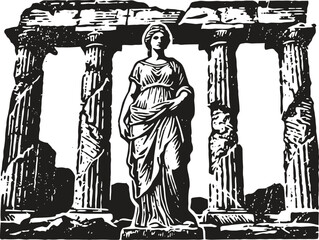 Naklejka premium Ancient greek statue of a woman amidst doric columns ruins in classical temple architecture