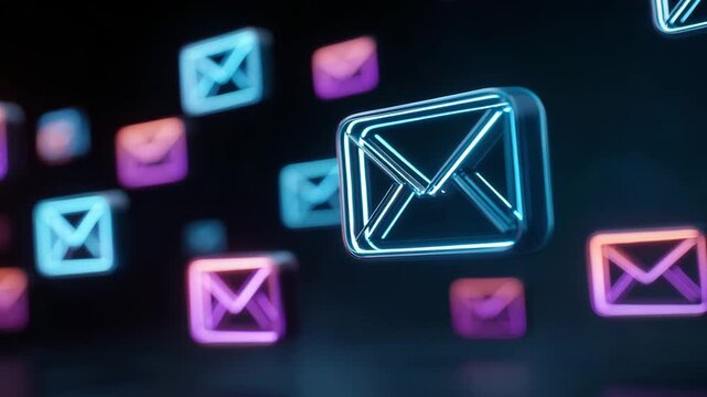 Neon envelopes emerge on a dark background creating a visual of digital mail interactions over dark background