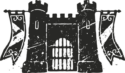 Naklejka premium Medieval stone castle gate with towers and banners, vintage fortress entrance illustration