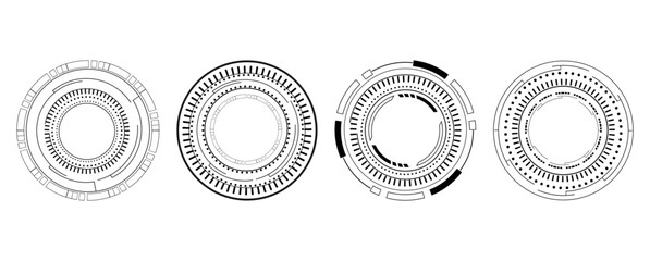 Minimalistic HUD circles showcase clean vector lines and digital markings. Balanced geometry supports sci-fi interface design. Ideal for technology presentations and UI kits. © Vitalii