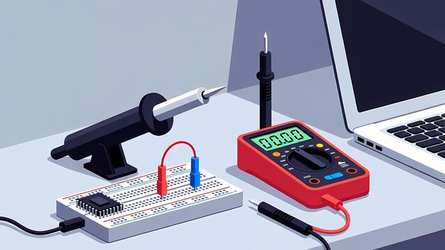 3D render of digital multimeter with probes on an electronics bench beside a laptop in a laboratory workspace