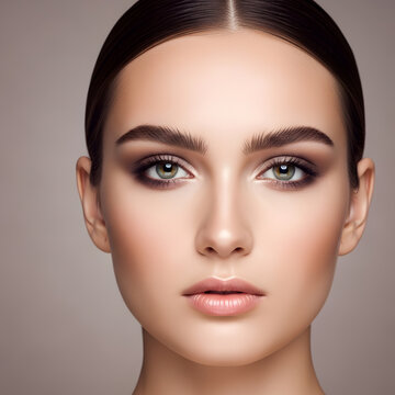 A beautiful woman with flawless skin, a stunning model, isolated in a close-up potrait shot, showcasing her face