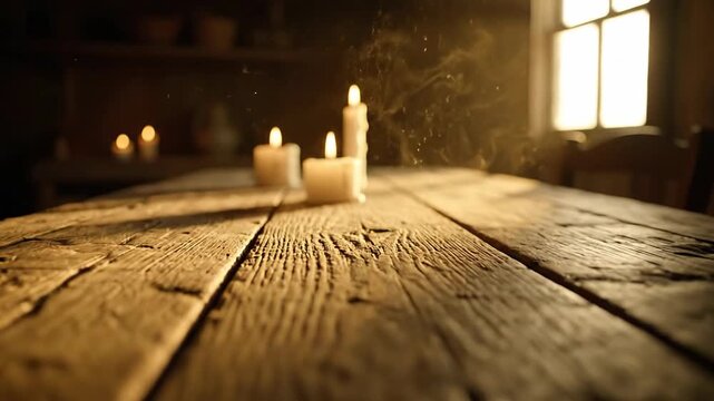 Candles illuminate a rustic wooden table in a dark, atmospheric room.