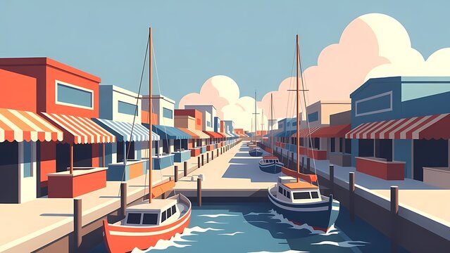Sunny harbor street scene with colorful storefronts, boats and masts in a bright vector illustration