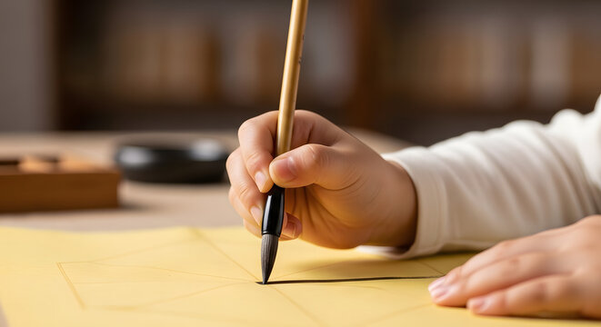 Close-up of a hand holding a traditional calligraphy brush writi