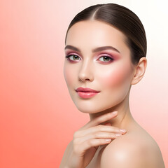 Fototapeta premium A beautiful woman with flawless skin poses for a potrait, her face isolated as a model