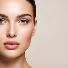 Fototapeta premium A beautiful woman with flawless skin and striking features in a close-up potrait, isolated model with a serene face