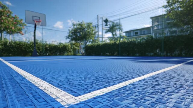 A blue outdoor basketball court with a hoop, surrounded by greenery and buildings, under a blue sky