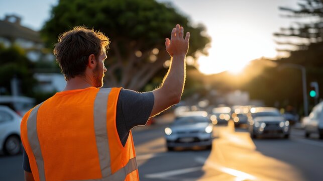 A construction worker in an orange safety vest directs traffic at a busy intersection, ensuring pedestrian safety while multiple vehicles pass by under the bright sun reflecting off the asphalt.