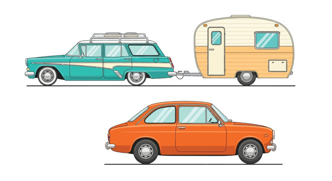 Vintage cars and camper trailer illustration in a retro style
