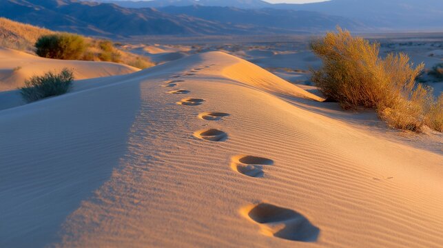 Footprints leading through the pristine sand dunes tell a story of journey and discovery, capturing the moment when nature and human presence meet. This scene suits storytelling or tourism