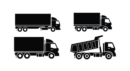 Four black silhouette icons of different heavy duty commercial vehicles © Santirani